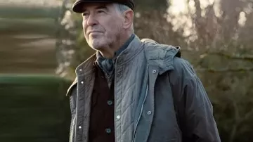 MobLand S01 Pierce Brosnan Grey Hooded Coat worn by Conrad Harrigan (Pierce Brosnan) in MobLand (S01)