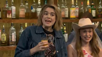 Windsor Fringe Benefits Oversized Denim Jacket worn by Jane Wickline as seen in Saturday Night Live (S51E05)