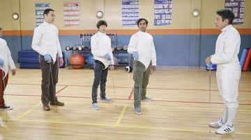 The Adidas shoes white fencing of Barry Kripke (John Ross Bowie) in The Big Bang Theory S09E05