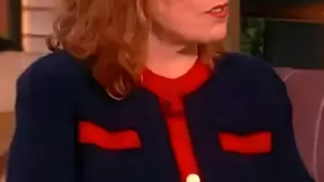 Navy Blue & Red Contrast Trim Cardigan worn by Joy Behar in The View 2025