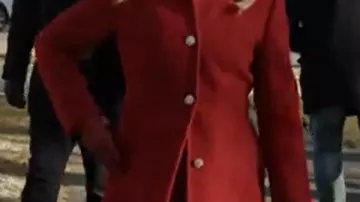 A Newport Christmas 2025 Ginna Claire Mason Red Wool Coat worn by Ella (Ginna Claire Mason) in A Newport Christmas
