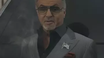 Tulsa King S03 Sylvester Stallone Pinstriped Grey Suit worn by Dwight 'The General' Manfredi (Sylvester Stallone) as seen in Tulsa King (S03E01)