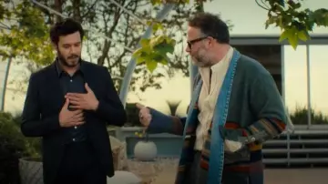 Greg Lauren Frayed Denim-Trimmed Striped Boiled Wool Jacket worn by Seth Rogen as seen in Nobody Wants This (S02E06)