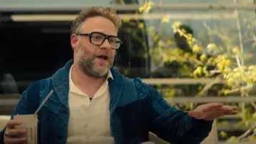 RRL Ralph Lauren Indigo Cotton Linen Patchwork Cardigan worn by Seth Rogen as seen in Nobody Wants This (S02E07)