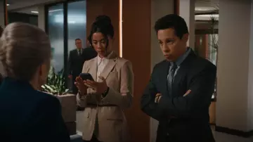 Calvin Klein Belted Pinstripe Jacket worn by Sarah Franklin (Leah Lewis) as seen in Matlock (S02E03)