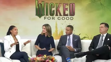 Cinq a Sept Azure Wide Leg Jeans worn by Sheinelle Jones as seen in Today on November 12, 2025