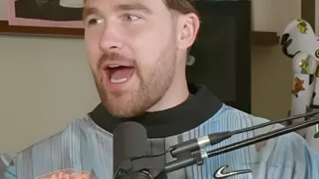 Travis Kelce New Heights Podcast Printed Jersey in Taylor Swift on Reclaiming Her Masters, Wrapping The Eras Tour, and The Life of a Showgirl | NHTV