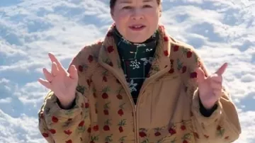 Red Roses Printed Sherpa Jacket worn by Doris (Linda Kash) as seen in A Merry Little Ex-Mas