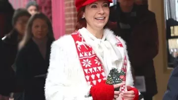 NYC Carrie Preston Fur Trench Coat in Ethan Slater As A Police Man And Carrie Preston Spotted Filming "Elsbeth" In New York City