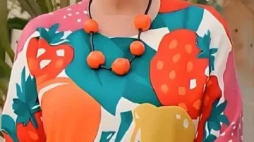 Fruit Print Sweater worn by Prue Leith (Self - Judge) in The Great British Bake Off (S16)