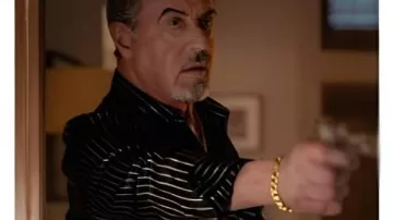 Tulsa King S03 Sylvester Stallone Striped Silk Shirt worn by Dwight 'The General' Manfredi (Sylvester Stallone) in Tulsa King (S03)