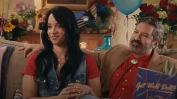 Online Exclusive Lace Up Denim Vest worn by Krystals Mom (Dascha Polano) as seen in Stumble (S01E02)