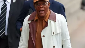 Samuel L. Jackson LA 2025 Contrasting Collar Coat in Samuel L. Jackson & Magic Johnson - Los Angeles premiere of 'The Legend Of Tarzan'