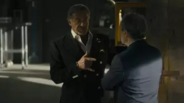 Tiglio Rosso Black Stripe Double Breasted Suit Wide Leg worn by Dwight 'The General' Manfredi (Sylvester Stallone) as seen in Tulsa King (S03E09)