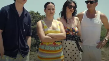 Staud White/Yellow Striped Fruit Trim Tank Top worn by April Tanner (Teddie Allen) as seen in Malice (S01E02)