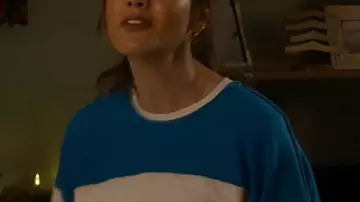 Michelle Monaghan The Family Plan 2 Blue and White Sweatshirt worn by Jessica Morgan (Michelle Monaghan) in The Family Plan