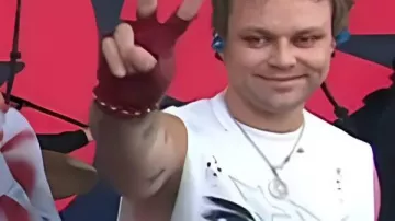 Today Ashton Irwin White Eye Print Tank worn by Ashton Irwin in Today