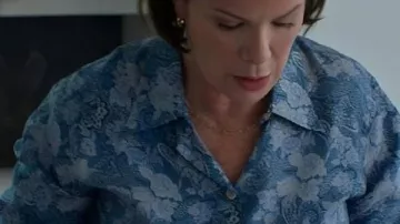 Murder In A Small Town Marcia Gay Harden Blue Floral Print Shirt worn by (Marcia Gay Harden) in Murder in a Small Town (S01)