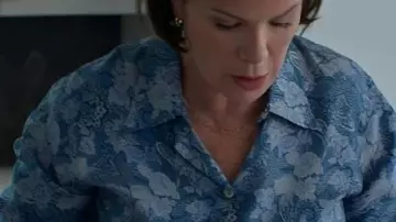 Murder In A Small Town Marcia Gay Harden Blue Floral Print Shirt worn by (Marcia Gay Harden) in Murder in a Small Town (S01)