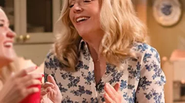 Georgie And Mandys First Marriage S2 Rachel Bay Jones Floral Shirt worn by Audrey McAllister (Rachel Bay Jones) in Georgie & Mandy's First Marriage (S02)