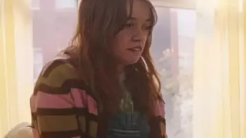 Daddy Issues S2 Aimee Lou Wood Green & Pink Striped Cardigan worn by Gemma (Aimee Lou Wood) in Daddy Issues (S01)