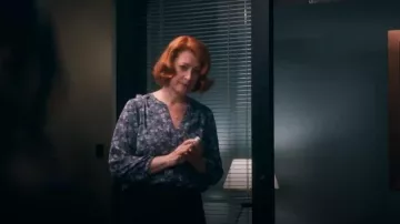 NYDJ Three Quarter Sleeve Printed Pintucked Back Blouse worn by Megan (Kerry O'Malley) as seen in A Man on the Inside (S02E02)