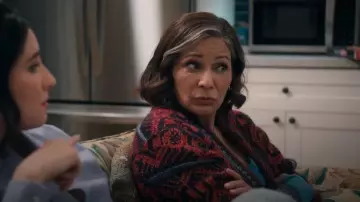 Cotton Emporium Cardigan Sweater Aztec Cropped Shawl Knit worn by Vanessa (Constance Marie) as seen in A Man on the Inside (S02E08)