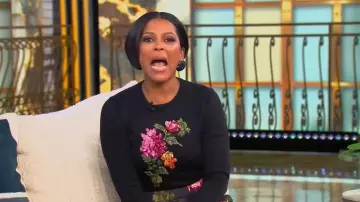 Carolina Herrera Floral Embroidered Silk-Cotton Crewneck Sweater worn by Tamron Hall as seen in Tamron Hall Show on November 24, 2025