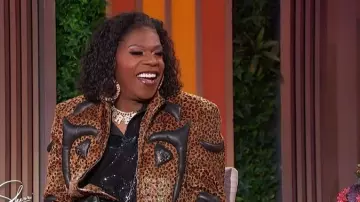 Leopard PrintStartExceedend Jacket with Black Faux Leather Applique and Studded Detailing worn by Big Freedia as seen in Sherri on November 18, 2025
