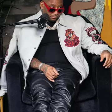 Let’s Rap About It Podcast Maino Grey Violet Leather Jacket worn by (Maino) in hiphopshorts5