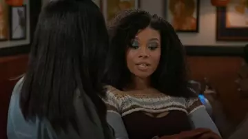 Fashion Nova Skyline Stripe Cropped Sweater Shrug worn by Eva Thomas (Ambyr Michelle) as seen in Beyond the Gates (S01E165)