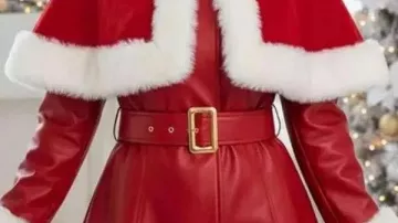 Christmas White Fur Trim Leather Costume worn by Santa Claus Girls in Plush Mini Dress