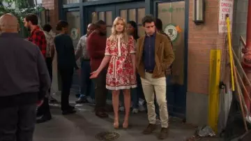 Shein Rafferiza Casual Vacation Print Tie Waist Short Sleeve Shirt Collar Positioning Flower A-Line Dress worn by Gemma Johnson (Beth Behrs) as seen in The Neighborhood (S08E06)