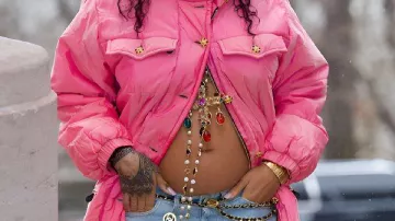 Rihanna Pink Puffer Coat worn by Rihanna in Barbie girls: Celebrities are bundling up in big pink coats