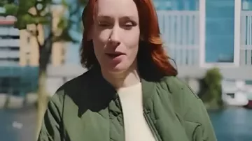 The Infinite Explorer with Hannah Fry 2025 Green Bomber Jacket worn by Hannah Fry in Packed with Curiosity | The Infinite Explorer with Hannah Fry | National Geographic UK