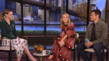 Tory Burch Printed Velvet Midi Skirt worn by Lili Reinhart as seen in LIVE with Kelly and Mark on November 24, 2025
