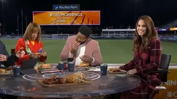 L'Agence Olina Plaid Wool-Blend Trench Coat worn by Elizabeth Cook as seen in CBS Mornings on November 23, 2025