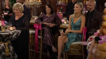 Talbot Runhof Pleated Metallic Satin Mermaid Gown in Rosewood worn by Amy Lewis (Valarie Pettiford) as seen in The Young and the Restless on November 20, 2025