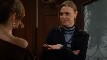 T Tahari Striped Mock-Neck Long-Sleeve Sweater in Fountain Heather Blue worn by Claire Grace (Hayley Erin) as seen in The Young and the Restless on November 24, 2025