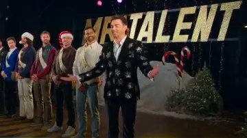 Tipsy Elves Sequined Snowflake Velvet Blazer worn by Jonathan Bennett as seen in Finding Mr. Christmas (S02E04)