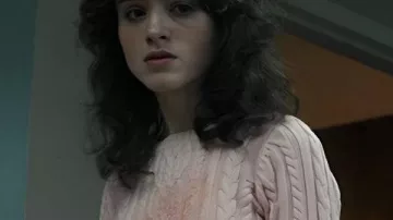 Stranger Things S5 Natalia Dyer Pink Knitted Sweater worn by Nancy Wheeler (Natalia Dyer) in Stranger Things: The Rightside Up