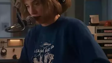 Stranger Things S5 Maya Hawke Navy Graphic Sweater worn by Robin Buckley (Maya Hawke) in Stranger Things (S05)