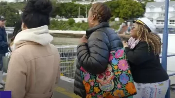 Dos Borachos Amigos Black Sugar Skull Embroidered Tote worn by Selena Martin as seen in Tiffany Haddish Goes Off (S01E01)