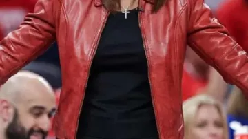 Red Leather Jacket worn by Stephanie Swift in Stephanie White “LOCKER ROOM VICTORY SPEECH” | WNBA Playoff Highlights | Indiana Fever Series 1‑1