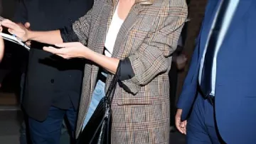 Tribeca NYC 2025 Margot Robbie Plaid Coat worn by Margot Robbie in Margot Robbie Leaves Her Hotel En Route To The "A Big Bold Beautiful Journey" Premiere in NYC