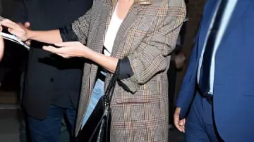 Tribeca NYC 2025 Margot Robbie Plaid Coat worn by Margot Robbie in Margot Robbie Leaves Her Hotel En Route To The "A Big Bold Beautiful Journey" Premiere in NYC