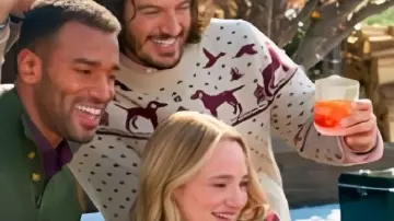 Dog Printed Sweater worn by Self - Host (Jonathan Bennett) as seen in Finding Mr. Christmas (S02E06)