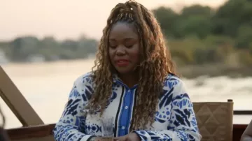 Zara Blue Silk Satin Geometric Long Sleeve Button Down Blouse Shirt worn by Shermona Long as seen in Tiffany Haddish Goes Off (S01E02)