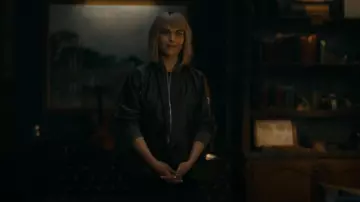 Sacai Khaki Quilted Satin Bomber Jacket worn by Dr. Ingrid Derian (Eve Harlow) as seen in Watson (S02E07)
