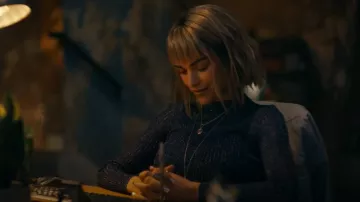 Altuzarra Blue Stretch Turtle Neck Long Sleeve Bryan Knit Top worn by Dr. Ingrid Derian (Eve Harlow) as seen in Watson (S02E07)